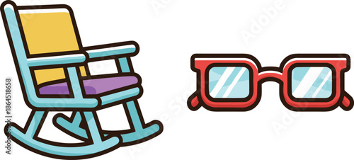 Senior Lifestyle and Vision Care Icons with Comfortable Rocking Chair and Red Reading Glasses Symbols for Retirement and Aging Concept