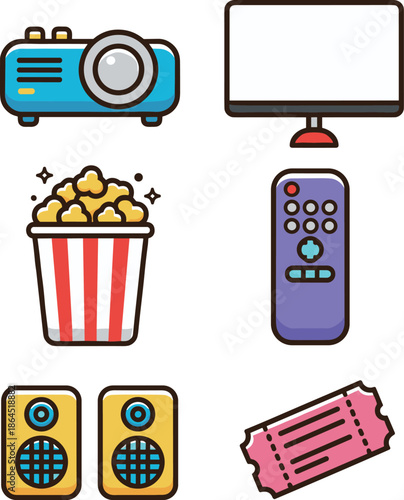 Home Cinema and Entertainment Icons Set with Projector Television Screen Popcorn Remote Control Speakers and Movie Ticket