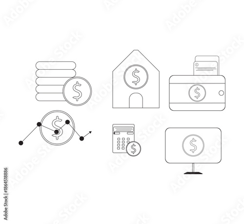 Money savings and finance vector linear icon image. Collection of isolated icons such as money, dollar, currency, coin, hand, credit card, finance.vector illustration editable