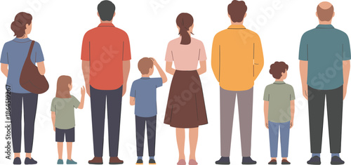 Diverse Group of People Standing Together Back View Featuring Men Women and Children in Casual Clothing Isolated on White Background