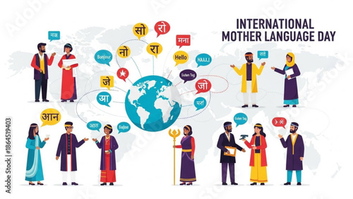 People from diverse cultures communicating in their mother languages on International Mother Language Day around the world