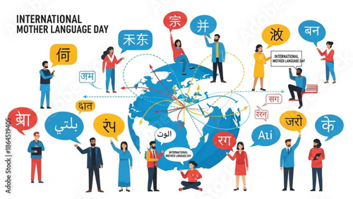 People from diverse cultures celebrating International Mother Language Day around a globe with speech bubbles in various languages
