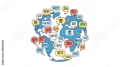 Global Communication Illustrated through Multilingual Speech Bubbles Surrounding the Earth