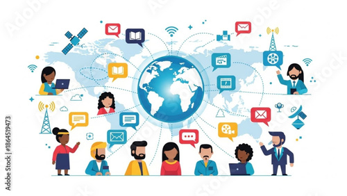 Global Communication Network Illustration Featuring Diverse People Exchanging Messages