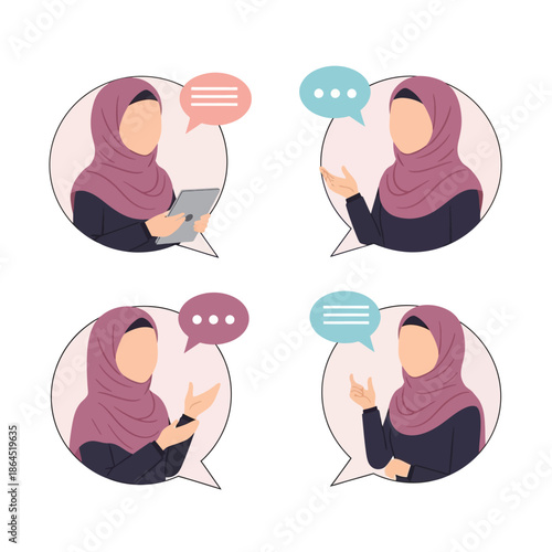 Flat vector illustration of hijab women characters having a two-way conversation