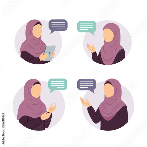 Flat vector illustration of hijab women characters having a two-way conversation