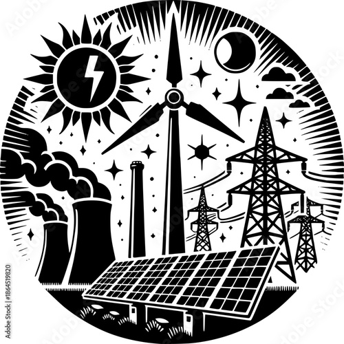 Powering Tomorrow: An emblem of a sustainable energy future, blending solar, wind, and conventional sources to illuminate a clean, bright, and hopeful world.