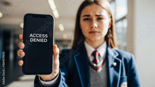 Schoolgirl showing smartphone with 