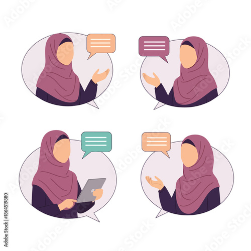 Flat vector illustration of hijab women characters having a two-way conversation