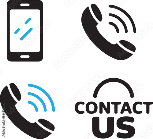 Phone Icon Set – Contact Us Symbols, Telephone Call Signs, Cell Phone and Ringing Phone Pictograms Isolated on White Background, Vector Illustration