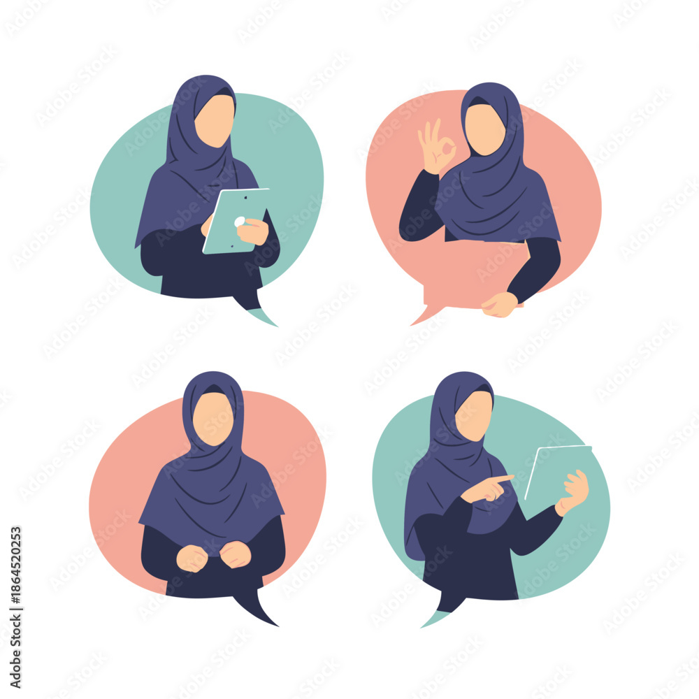 Fototapeta premium Flat vector illustration of hijab women characters having a two-way conversation