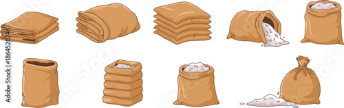 Set of brown burlap sack vector illustrations featuring open bags with white flour or salt spilled and tied textile sacks.