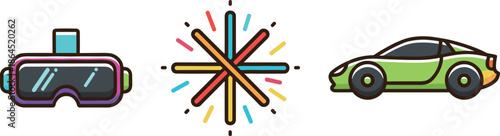 Modern entertainment and motion icons featuring virtual reality headset colorful abstract burst and sleek green sports car side view