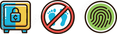Personal privacy and security protection icons featuring a metal safe box crossed out footprints and green biometric fingerprint scan