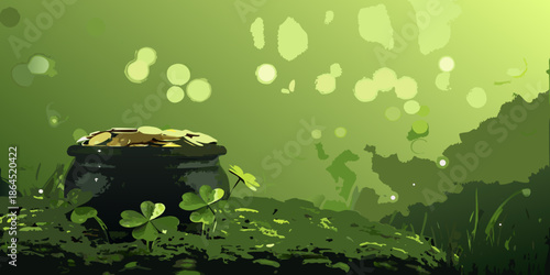 A black pot filled with gold coins surrounded by clover and foliage