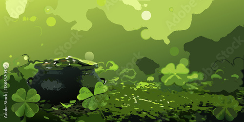 A pot of gold hidden amongst lush green clovers and foliage