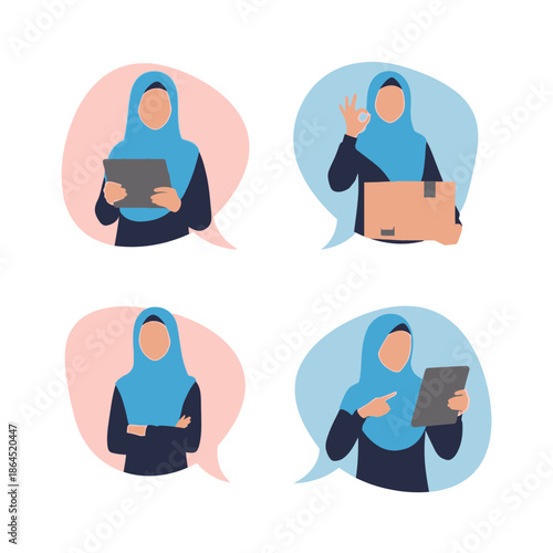 Flat vector illustration of hijab women characters having a two-way conversation