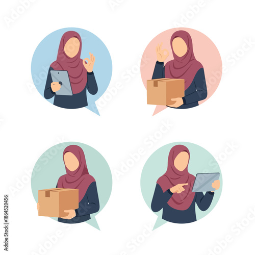 Flat vector illustration of hijab women characters having a two-way conversation