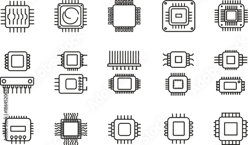 Microchip and Processor Icon Set Showing Various CPU and Integrated Circuit Designs in Minimal Line Vector Style