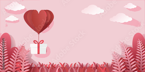 A red heart shaped balloon floats with a gift box in a pink scene