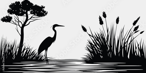 A serene black and white illustration of a heron in a wetland landscape