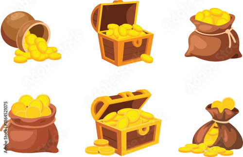 Set of pirate treasure vector illustrations featuring golden coins in wooden chests brown burlap bags and an overturned clay pot