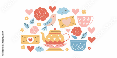 A charming collection of hearts flowers birds and tea items illustration