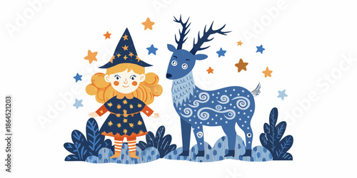 A whimsical illustration of a young witch and a patterned deer among stars