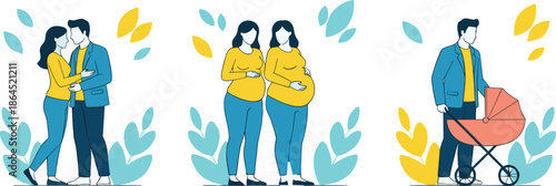 Pregnancy and Parenthood Concept Set with Expecting Couples Same Sex Family and Baby Stroller in Modern Flat Vector Illustration Style