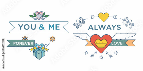 Colorful love themed illustrations with hearts ribbons and affectionate phrases