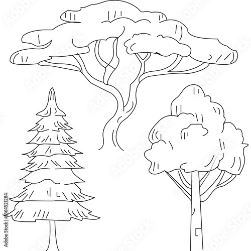 Tree icon set with oak pine birch elm maple and willow black and white line art