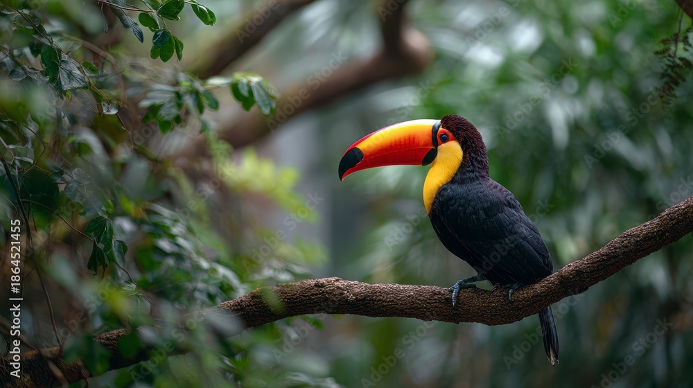 Obraz premium A colorful toucan, perched on a branch, framed by lush green foliage. The bird's beak pops with vibrant orange and red