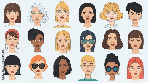 Diverse Collection of Womens Portraits in Vector Art Style.
