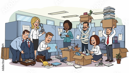 Cartoon office workers packing up their belongings in boxes.