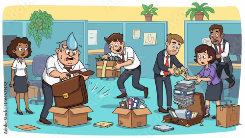 Cartoon Office Workers Packing Up Belongings in Boxes.