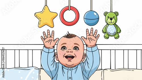 Happy Baby Reaching for Colorful Toys in Crib.