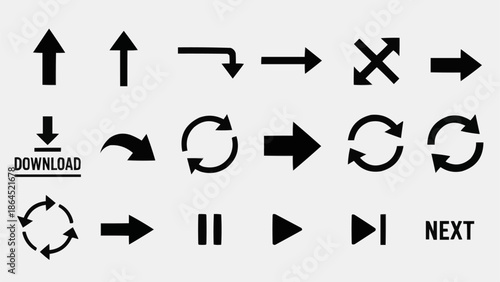 Collection of Black Arrow Icons on White Background.