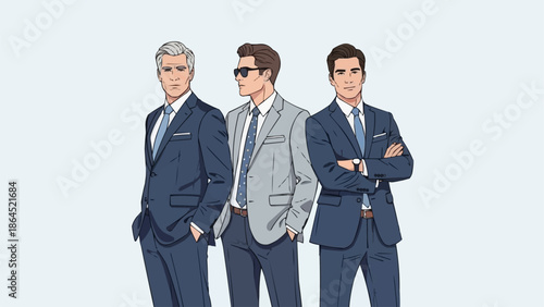 Three Men in Suits Standing Together Confidently.
