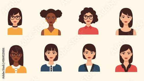 Diverse Collection of Womens Portraits in Flat Vector Style.
