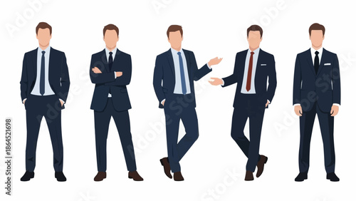 Group of businessmen in suits posing in various stances.