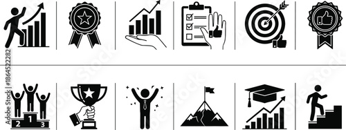 Business success achievement icons set with growth charts trophy medals target goal mountain peak and career progress symbols
