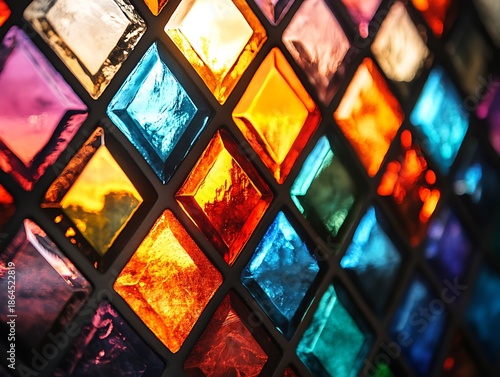 Diamond-shaped stained glass windows casting colorful reflections.