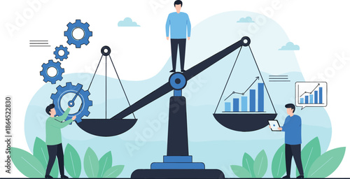Business strategy concept vector with characters balancing gears and financial growth charts on a large scale illustration