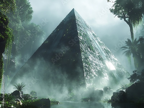 A pyramid surrounded by mystical fog in a jungle.