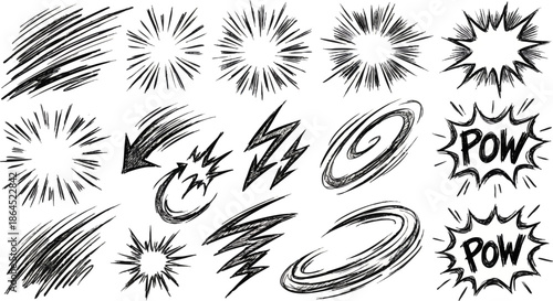 Comic book style explosion and action effect elements set.