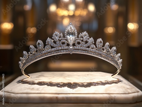 A diamond-studded tiara displayed on a marble pedestal in a museum.
