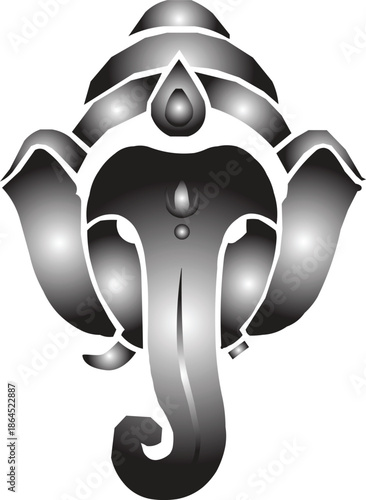 A stylized grayscale illustration of the Hindu deity Ganesha's head with an elephant trunk, featuring a gradient fill.