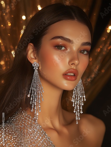The model is given luxurious makeup and hairstyling for a photoshoot featuring exquisite diamond earrings.
