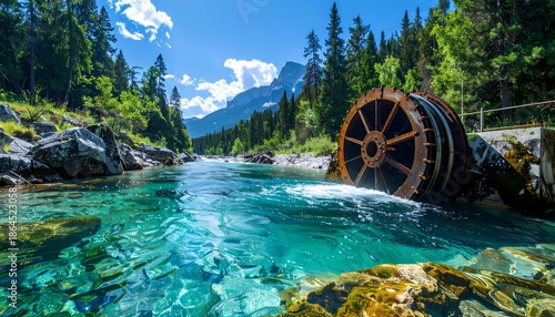 Clear Creek and Water Wheel in Kananaskis, Alberta, Canada