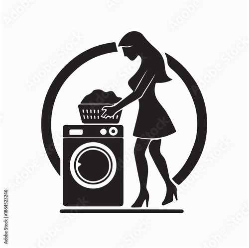 Woman Loading Clothes Into Washing Machine Vector Illustration 